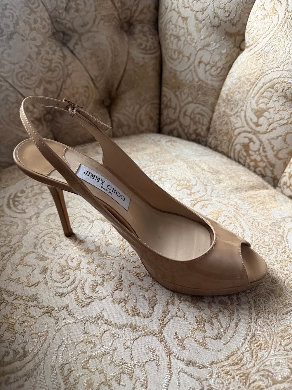 Jimmy Choo Nude Patent Leather Slingback Peep-Toe Stiletto